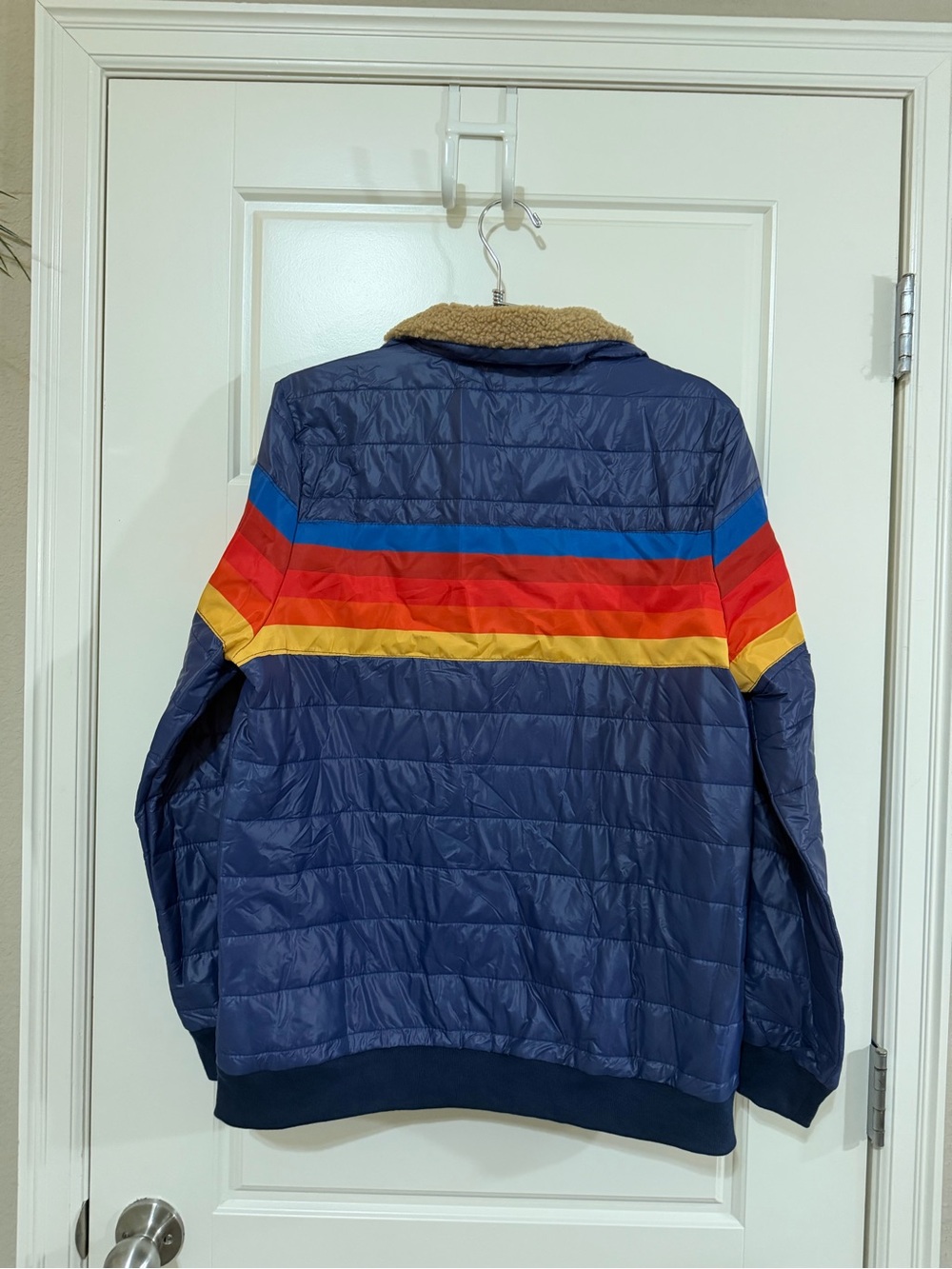 Women’s Navy Quilted Jacket with Multicolor Stripe and Sherpa Collar